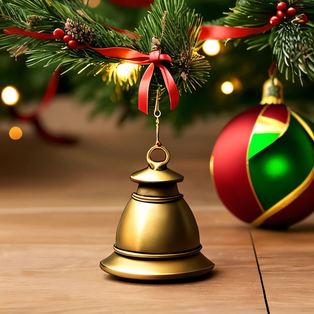 Festive and intricately designed bronze bells adorned with golden ribbons, hanging gracefully from a Christmas tree, creating a warm and elegant holiday ambiance with soft, glowing lights in the background.