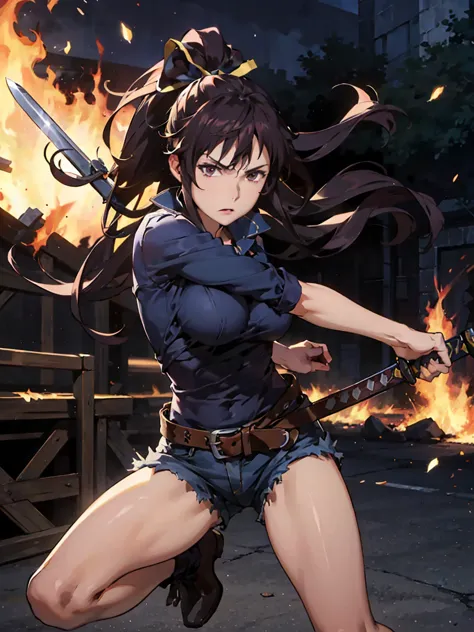 god breaks the fire 、jeans、long hair、ponytail、big breasts、official anime art、dynamic gesture、holding a sword, one side short pan...