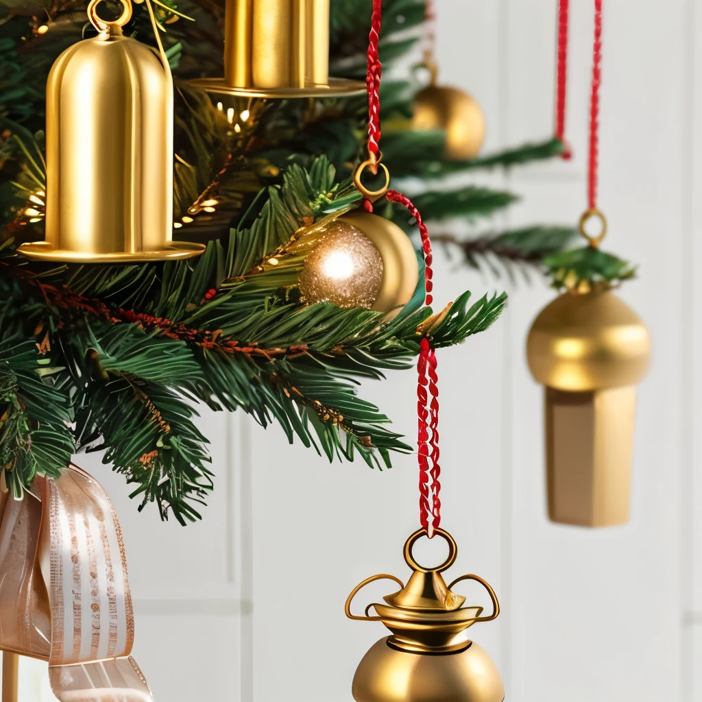 Festive and intricately designed bronze bells adorned with golden ribbons, hanging gracefully from a Christmas tree, creating a warm and elegant holiday ambiance with soft, glowing lights in the background.