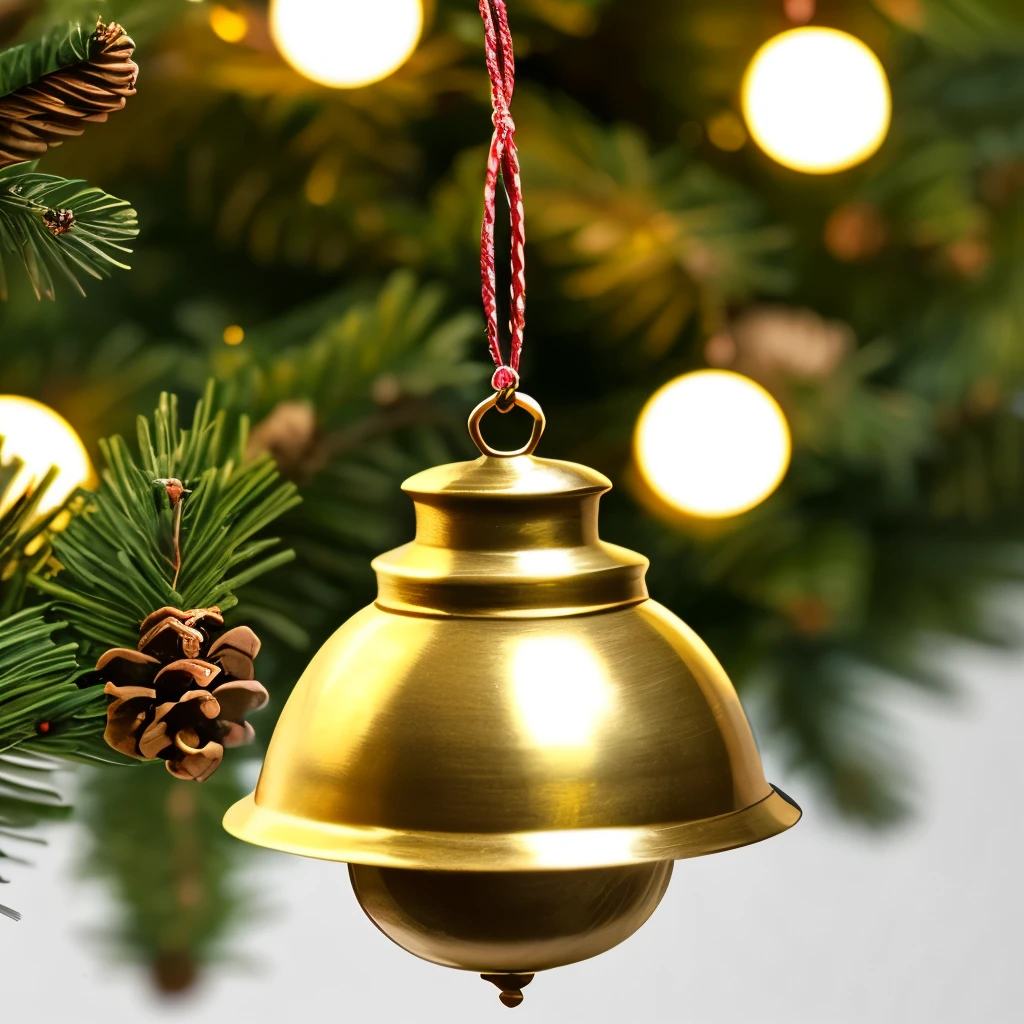 Festive and intricately designed bronze bells adorned with golden ribbons, hanging gracefully from a Christmas tree, creating a warm and elegant holiday ambiance with soft, glowing lights in the background.