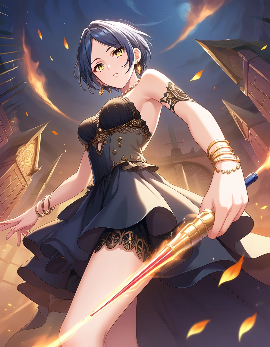 score_9, score_8_wonderful, score_7_wonderful, sauce_anime,
One person, Beautiful woman,  Sensitive，high quality,Pose with your hands,Demon World，witch，darkness，Darkness，Magic wand，black magic，Pose with your hands，Skirt with slits，
  short hair, Blue Hair, Parted bangs, Center of chest, Yellow Eyes,Looking up from below，
 Detailed eyes, eyelash, eyeliner, jewelry, necklace, bracelet, Earrings，