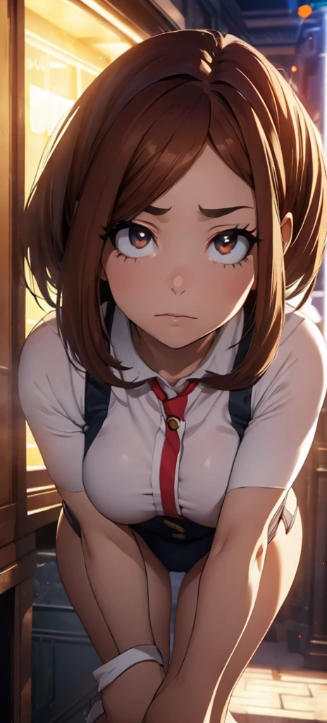 Best Quality,4k,high resolution,Masterpiece:1.2), (ultra detailed), (Ochacho Uraraka) (My hero academia Settings), (pose sexual), (realist,photorealist,photo-realist:1.37), (HDR,HD), (portrait), (vivid colors), (long legs), (clearly elongated face), (broad) (Hermosos detailed eyes), (beautiful detailed lips), (extremely detailed eyes and face), bright eyes Dynamic angle and posture, soaked in sweat, perspiration, undressing (long eyelashes), (sharp focus), (physically based rendering), (unclothed), (BIG BREASTS) (open legs), (intense), (expression of intense desire), (motion blur), (elegant), (slim figure), (anime inspired), (bright lights), (sexual), (contrasting colors), (mysterious atmosphere), (action packed scene), (Unique style), (striking), (Handsome), (evocative), (expressive), (Intriguing atmosphere), (giant breasts:1.2) ((Best Quality)),((Very detailed)),Masterpiece,absurdities,detailed face,beautiful face,(detailed eyes, deep eyes),(1 girl),((dynamic pose)), erotic lingerie