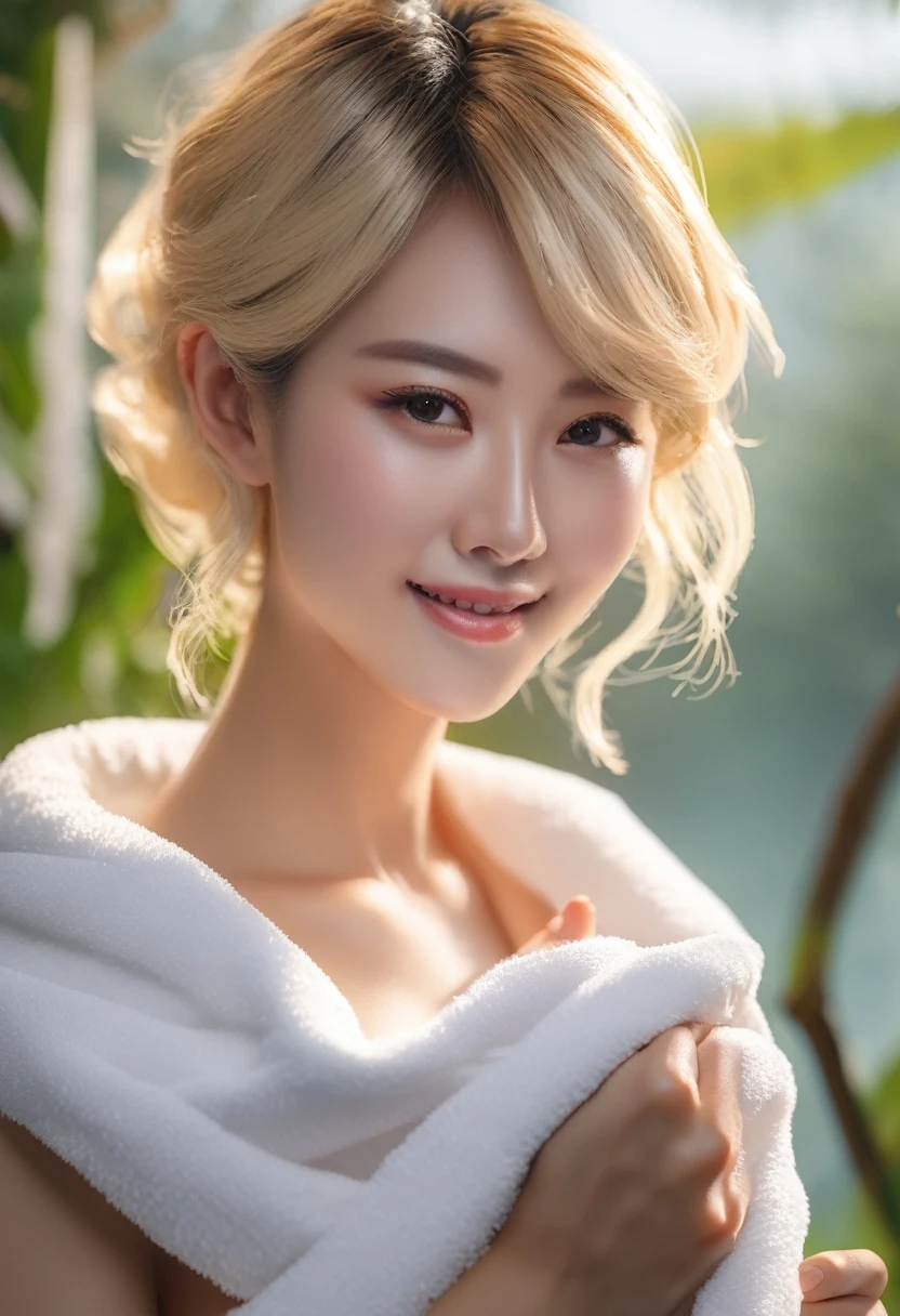 (Highest quality、4K、8k、High resolution、masterpiece:1.2)、Very detailed、(Genuine、Realistic、Realistic:1.37)、Beautiful Japanese Women、blonde、short hair、undercut、Wrap a towel around your bare skin、naked towel、white towel、fluffy towel、cleavage