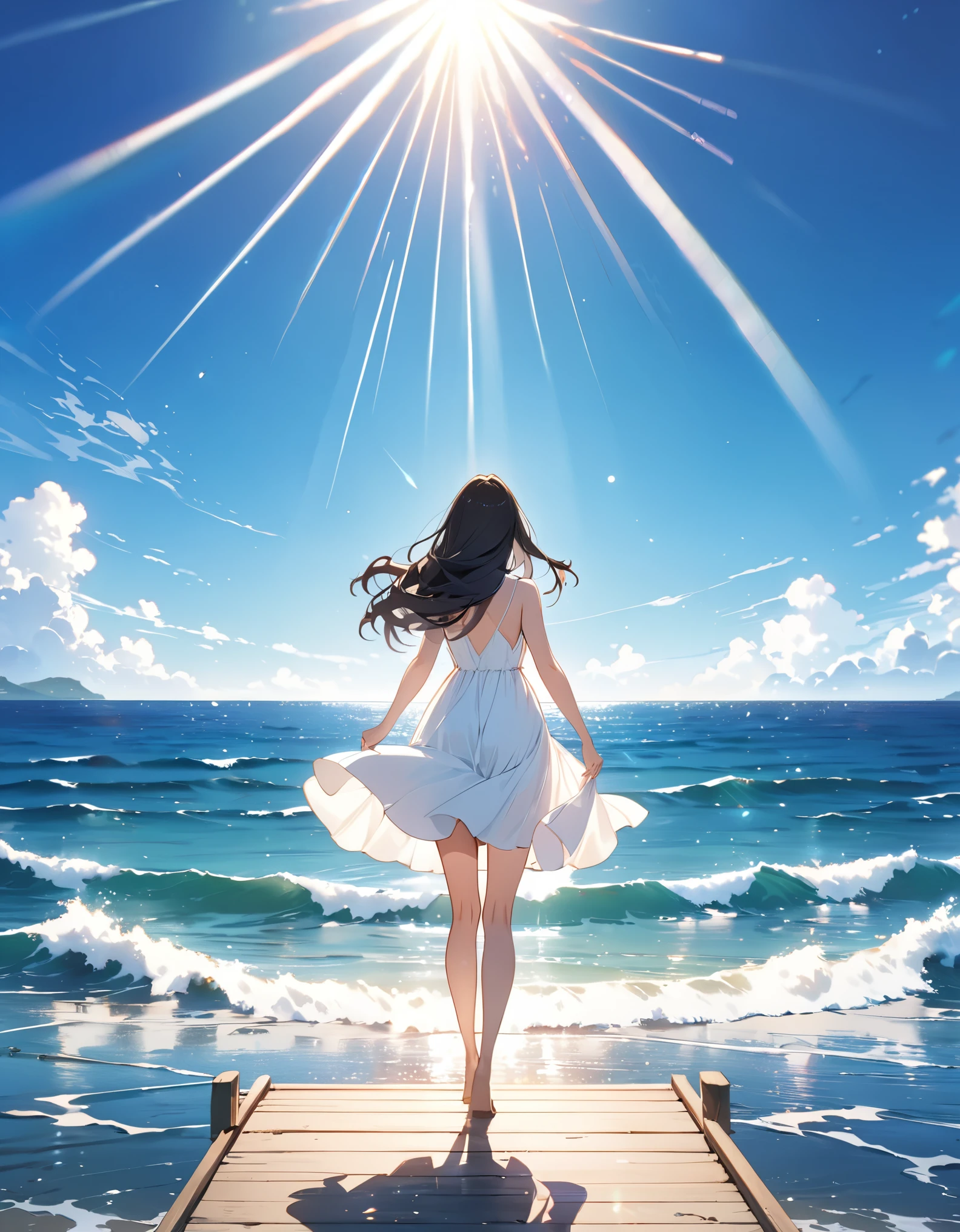 (masterpiece, best quality:1.2), illustration, anime, (wide shot), model shoot, 1girl, (rising arms), long dark hair, blue ocean eyes, pretty lips, beautiful faces, beautiful eyes, white sundress, back lighting, standing on pier, (ocean, glittering water surface), waves, scenery summer pier background, vibrant color, bright sunlight, 8K, ultra HD