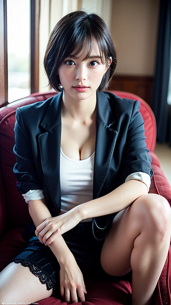 RAW photo, 1 girl, incredibly absurd, 30 years old, beautiful girl, (cute), (short hair), photo shoot, realistic, Depth of the bounds written, High resolution, Super detailed, delicate, very detailed, highly detailed eyes and face, sharp pupils, Realistic Office Lady, sharp focus, LED lighting, Eye and face details, (velvet blazer), mini skirt, cowboy shot full body, (wind lift:1.6), cameltoe, sitting on a chair with knees up, M-shaped spread legs, lace underwear, stare, (Big breasts that are about to burst), Close-up, perfect body, shot from below