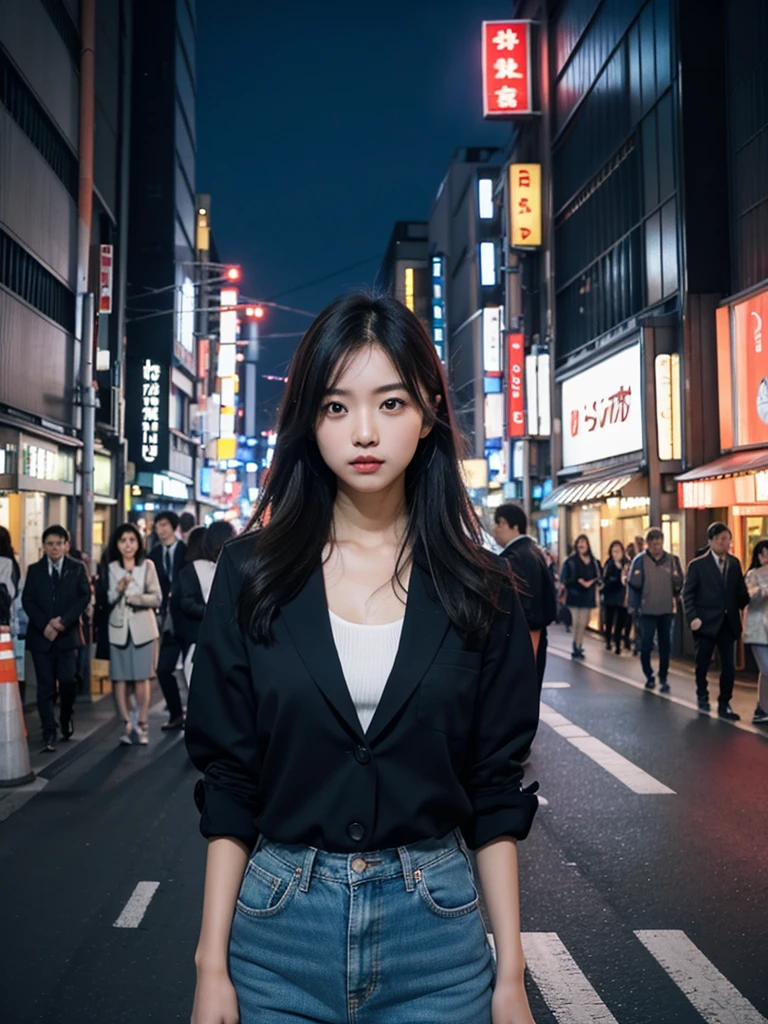 One girl, Tokyo Street,night, Cityscape,City lights, Upper Body,close, 8k, RAW Photos, Highest quality, masterpiece,Realistic, photo-Realistic,