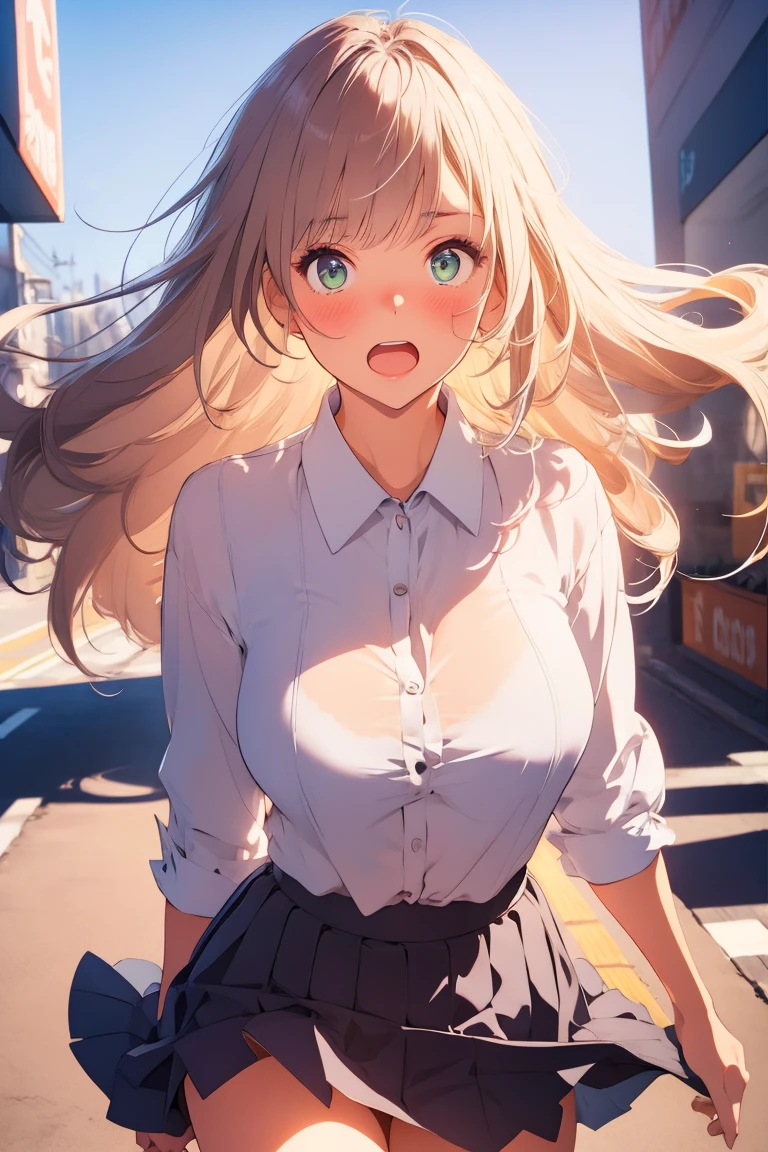 8k, cowboy shot, visual anime of a cute girl, best anime girl, Ecchi anime style, BREAK, seductive lady, blond hair, shiny hair, detailed eyes and face, Defined tabs, eyeshadow, crystal clear eyes, detailed lips, beautiful detailed eyes,  ojos color azul claro big breasts, tits, voluptuous, light visible, BREAK,   green eyes, by rubio, long shiny hair, big breasts, High resolution, beautiful detailed eyes, extremely detailed face, good lighting, Detailed CG, bright lips, BREAK, ((surprised look)),beautiful round breasts, transparent white shirt, Blue dress, good style,,(looking ahead),  (((blushing cheeks、embarrassed expression open mouth)), (((The skirt rolls up in the wind))), white panties, light, feminine curves, BREAK, Smooth texture, thighs, feminine curves, perfect anatomy, BREAK,  on a street in san francisco, 