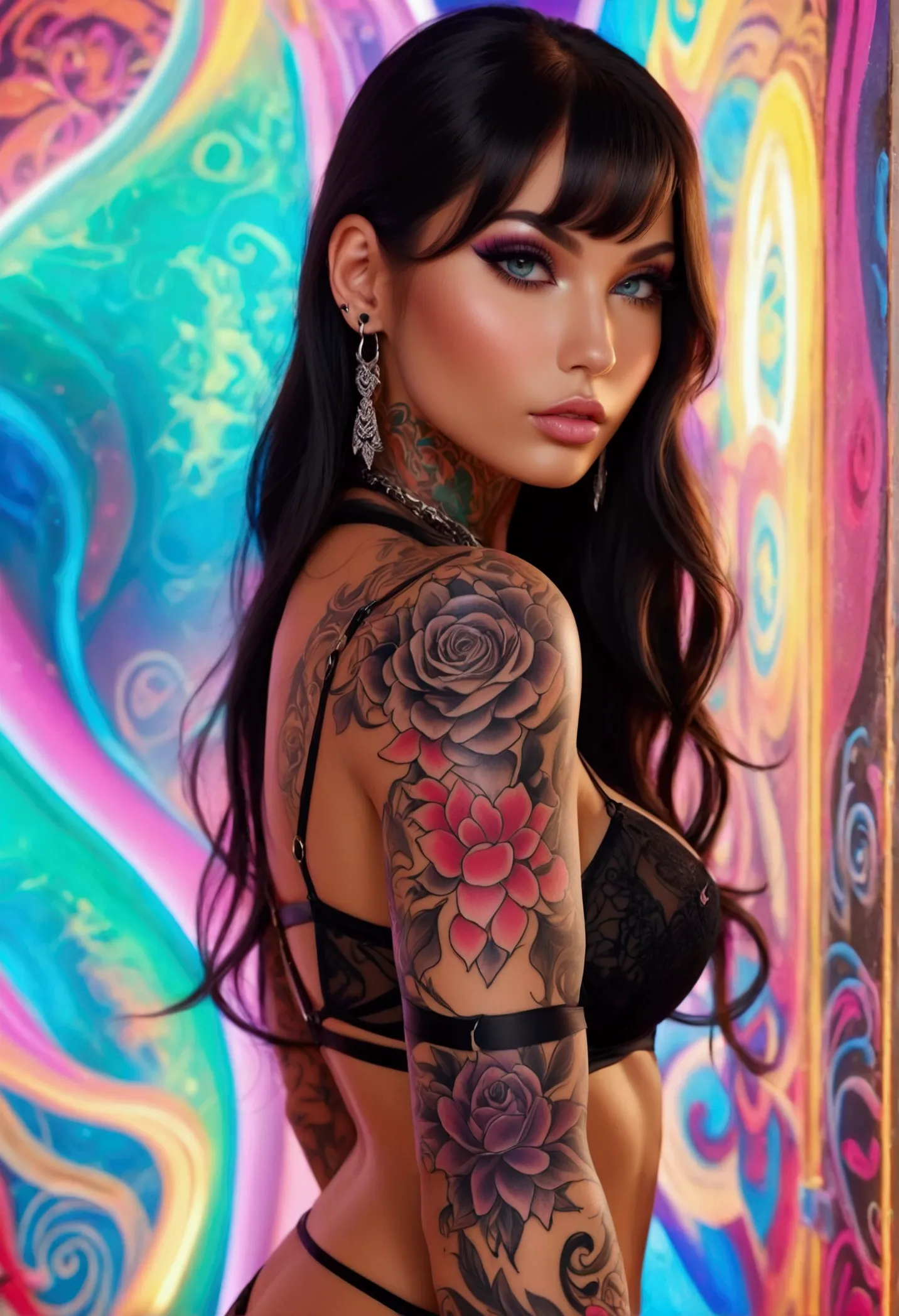 create a hyper detailed photograph of a perfectly simetrical tattooed curved young sexy lulu, stunningly perfect gorgeous femini...