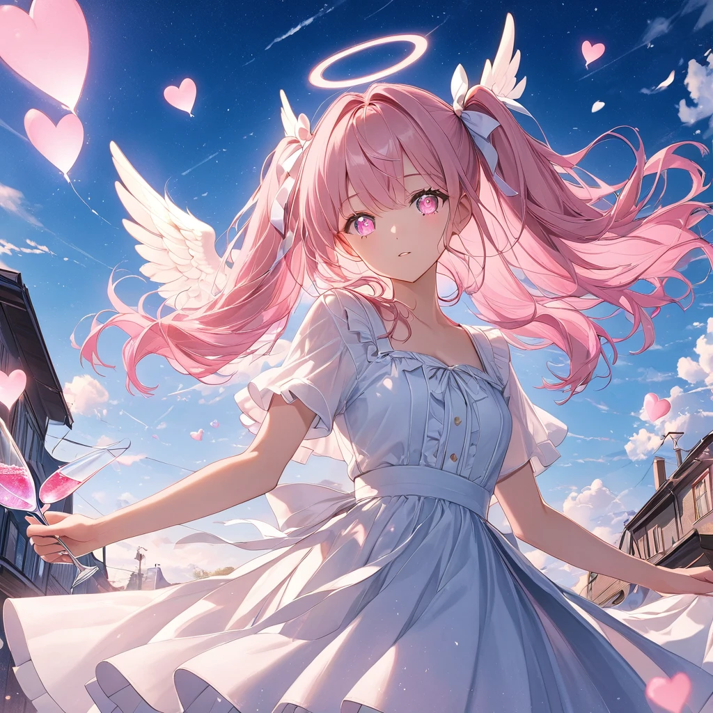 anime、((Amazingly absurd)),(masterpiece:1.2),超High resolution, Attention to detail, high quality, High resolution, 最high quality, 4K, 8k、woman,Spreading hearts,Glowing pink,Twin tails,Pink Hair,Pink Eyes,Heart-shaped pupils,Glass,Angel,Hair blowing in the wind,Pink Hair,best scene,There is,円形のAngelのリング,Pink