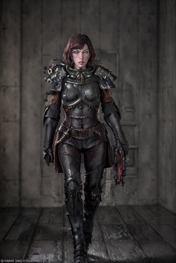 A female battle sister from Warhammer 40k, Milla Jovovich, (best quality,4k,8k,highres,masterpiece:1.2),ultra-detailed,(realistic,photorealistic,photo-realistic:1.37),1girl,extremely detailed face and eyes,beautiful detailed lips,longeyelashes,battle armor,warhammer 40k,futuristic,intricate details,dramatic lighting,dark atmospheric,moody colors,cinematic,award winning,hyper detailed