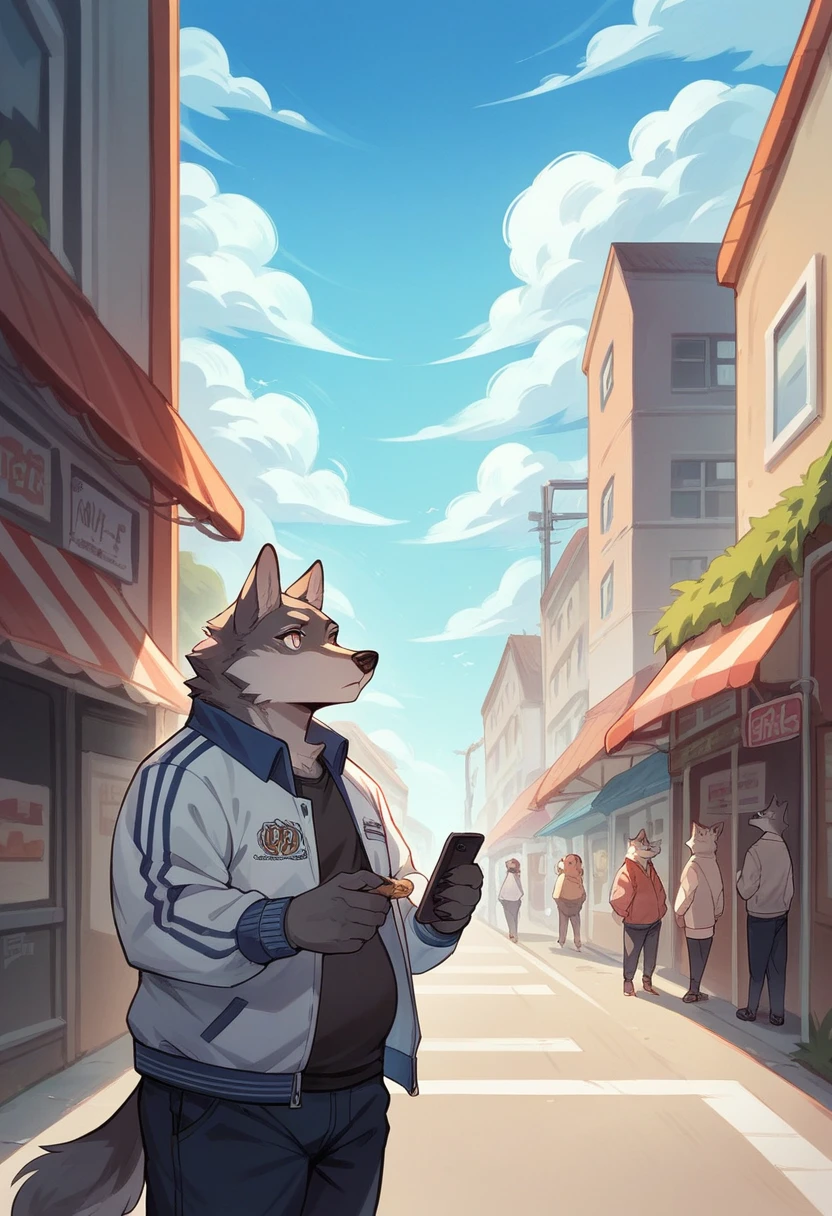 （Perfect work）Chubby body, Dark gray fur, Delicate pupils，Standing on the street, Snack Street Background,head tilted to one side,Beautiful blue sky and white clouds，People coming and going , Wearing a jersey jacket, Wolf furry character, using phone