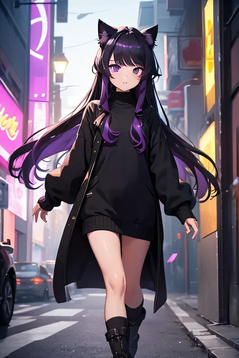 1 girl, long hair, black hair with purple highlights, violet eyes, black sweater, red cheeks, cat ears, standing, full body, loo...