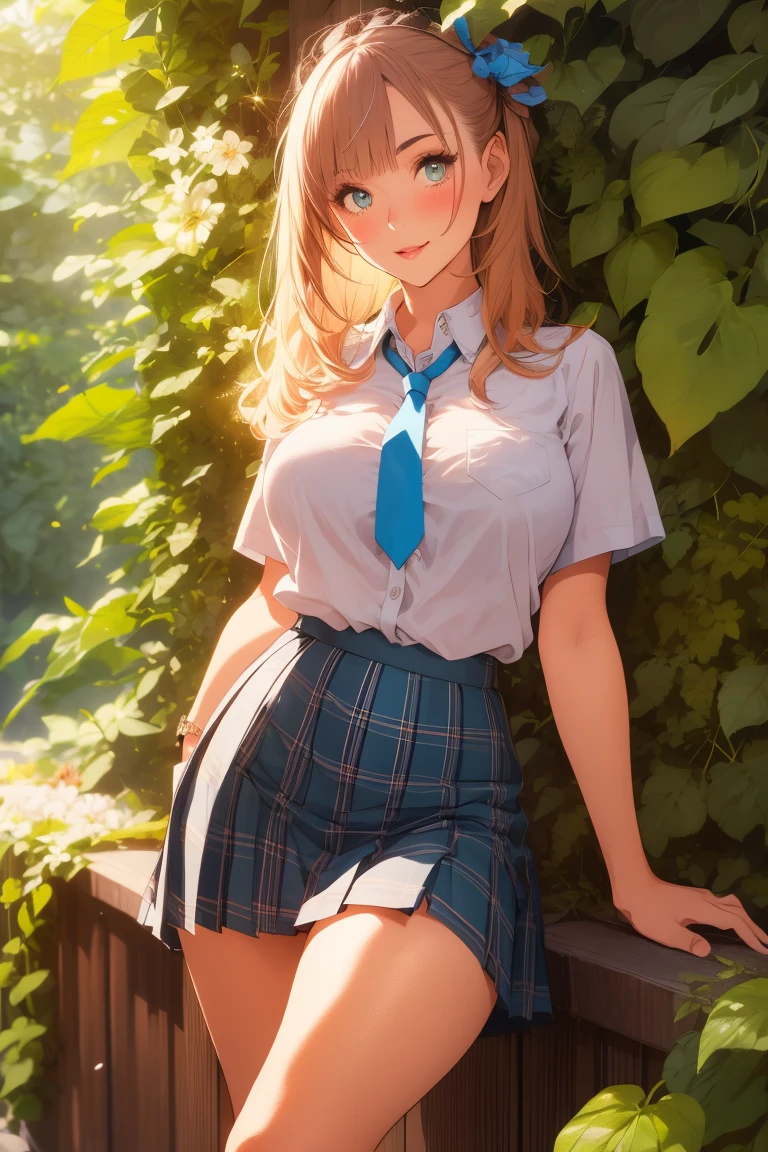 8k, cowboy shot, visual anime of a cute girl, best anime girl, Ecchi anime style, BREAK, seductive lady, blond hair, shiny hair, detailed eyes and face, Defined tabs, eyeshadow, crystal clear eyes, detailed lips, beautiful detailed eyes,  ojos color azul claro big breasts, tits, voluptuous, light visible, BREAK,   green eyes, by rubio, long shiny hair, big breasts, High resolution, beautiful detailed eyes, extremely detailed face, good lighting, Detailed CG, bright lips, BREAK, wearing blue plaid pleated miniskirt, Red tie, neckline on white shirt, blue tie, red ribbon, red hair ribbon, seductive smile, very shiny long hair, not good,  Boots, tartan skirt, socks, short sleeves, looking at the viewer, ((lifting one leg, leg up)), blush, hits, petals in the background, blue love, blue Skirt, hair band,  BREAK, Smooth texture, thighs, feminine curves, perfect anatomy, BREAK,  in a forest of white cherry trees with petals falling in the air.. 