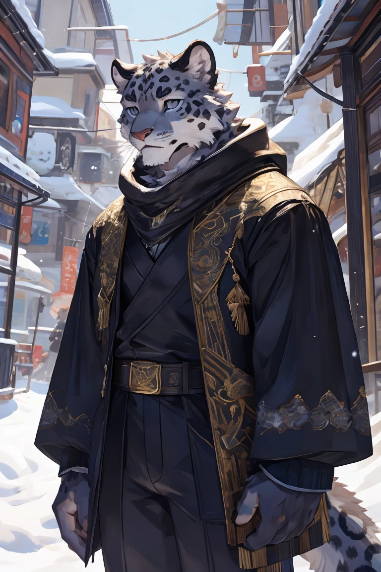 best quality，Ultra HD，Second dimension style，Upper Body［Upper Body：1.9］，Zoom in on the character，The most exquisite eyes［The most exquisite eyes：2.1］，Exquisite facial features，Standing in the street，Male snow leopard，Gray Eyes，Physical fitness，Upper Body只有白色背心，Black shorts