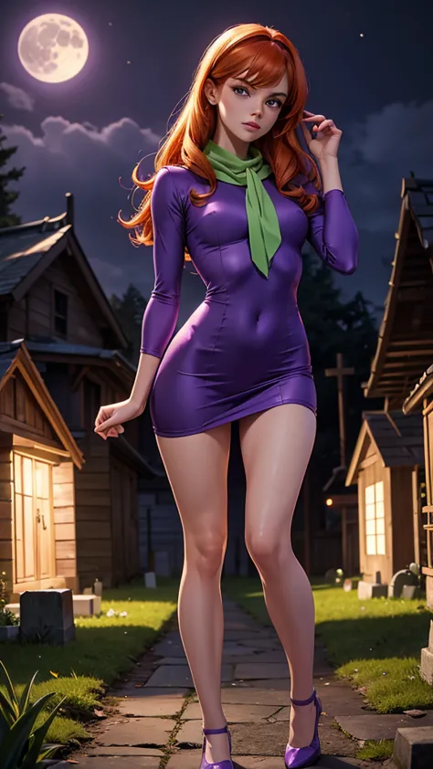 daphne blake with scooby doo, beautiful and delicate sexy woman, joven, ginger hair, ojos color violeta, minivestido color púrpu...