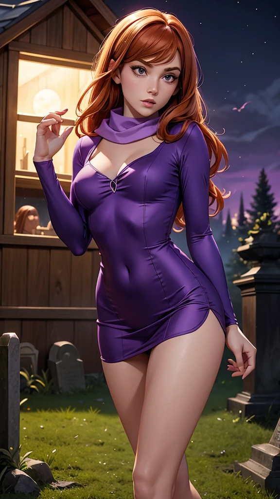 Daphne Blake with Scooby Doo, beautiful and delicate sexy woman, joven, ginger hair, ojos color violeta, minivestido color púrpura, scarf green, skinny body, small and beautiful breasts, small and beautiful buttocks, purple shoes, sensual, mysterious, sinister background, she is in a wooden house with ghosts, Dark atmosphere, full moon, cemetery, night, High resolution, masterpiece, The best quality, Very detailed, photorealistic, realism, 