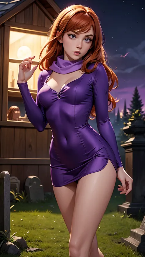 daphne blake with scooby doo, beautiful and delicate sexy woman, joven, ginger hair, ojos color violeta, minivestido color púrpu...