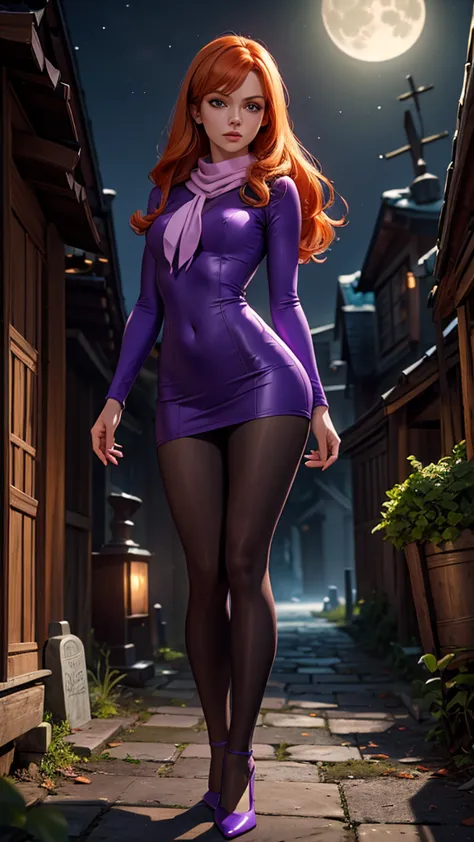 daphne blake with scooby doo, beautiful and delicate sexy woman, joven, ginger hair, ojos color violeta, minivestido color púrpu...