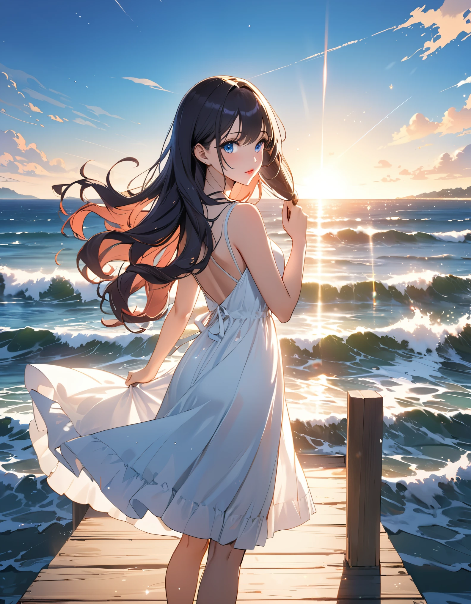 (masterpiece, best quality:1.2), illustration, anime, (wide shot), model shoot, 1girl, (rising arms), long dark hair, blue ocean eyes, pretty lips, beautiful faces, beautiful eyes, white sundress, back lighting, standing on pier, (ocean, glittering water surface), waves, scenery summer pier background, vibrant color, bright sunlight, 8K, ultra HD