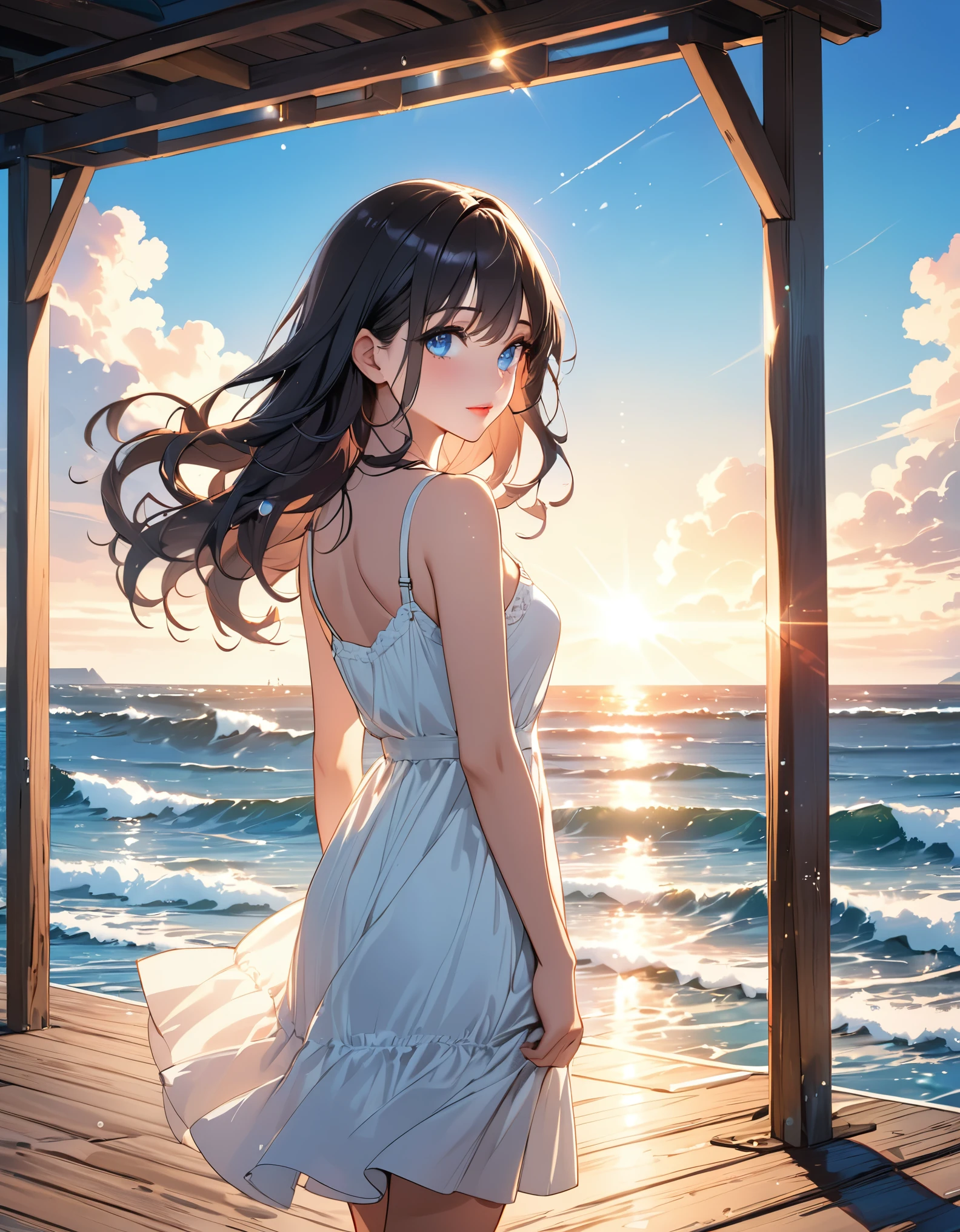 (masterpiece, best quality:1.2), illustration, anime, (wide shot), model shoot, 1girl, (rising arms), long dark hair, blue ocean eyes, pretty lips, beautiful faces, beautiful eyes, white sundress, back lighting, standing on pier, (ocean, glittering water surface), waves, scenery summer pier background, vibrant color, bright sunlight, 8K, ultra HD