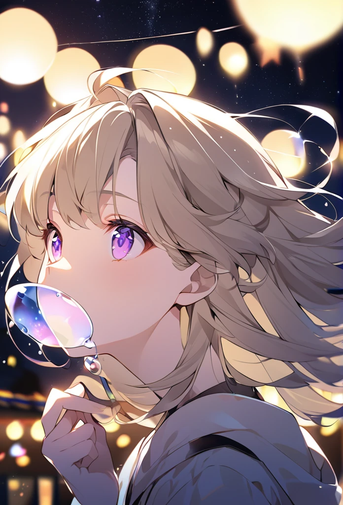 Blowing bubbles under the stars、Anime style light blonde haired girl with purple eyes