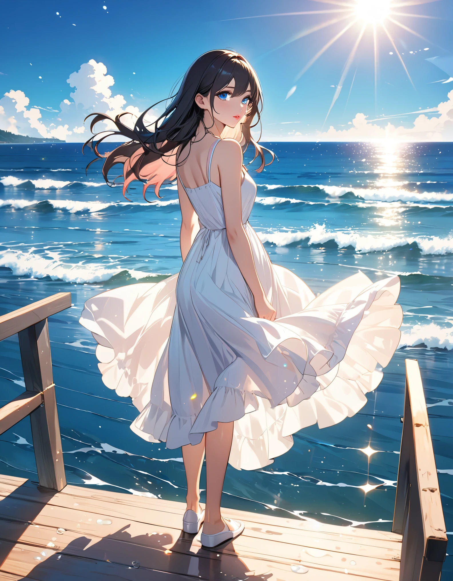 (masterpiece, best quality:1.2), illustration, anime, (wide shot), model shoot, 1girl, (rising arms), long dark hair, blue ocean eyes, pretty lips, beautiful faces, beautiful eyes, white sundress, back lighting, standing on pier, (ocean, glittering water surface), waves, scenery summer pier background, vibrant color, bright sunlight, 8K, ultra HD