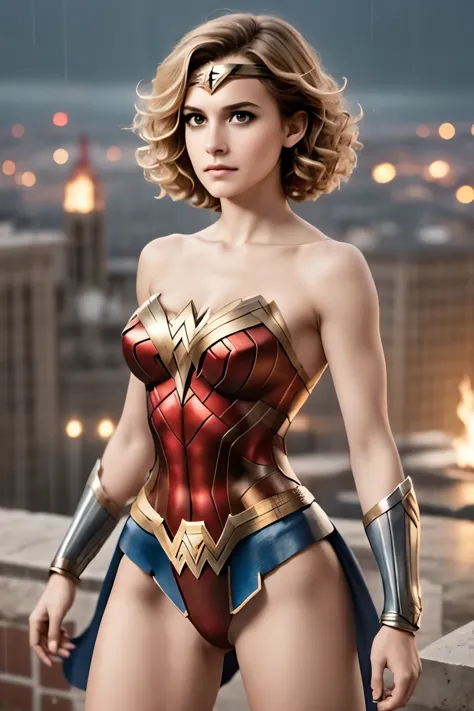 1 girl, wonder woman suit, short curly hair, blonde hair, beautiful face, rain, roof, masterpiece, exquisite details, perfect an...