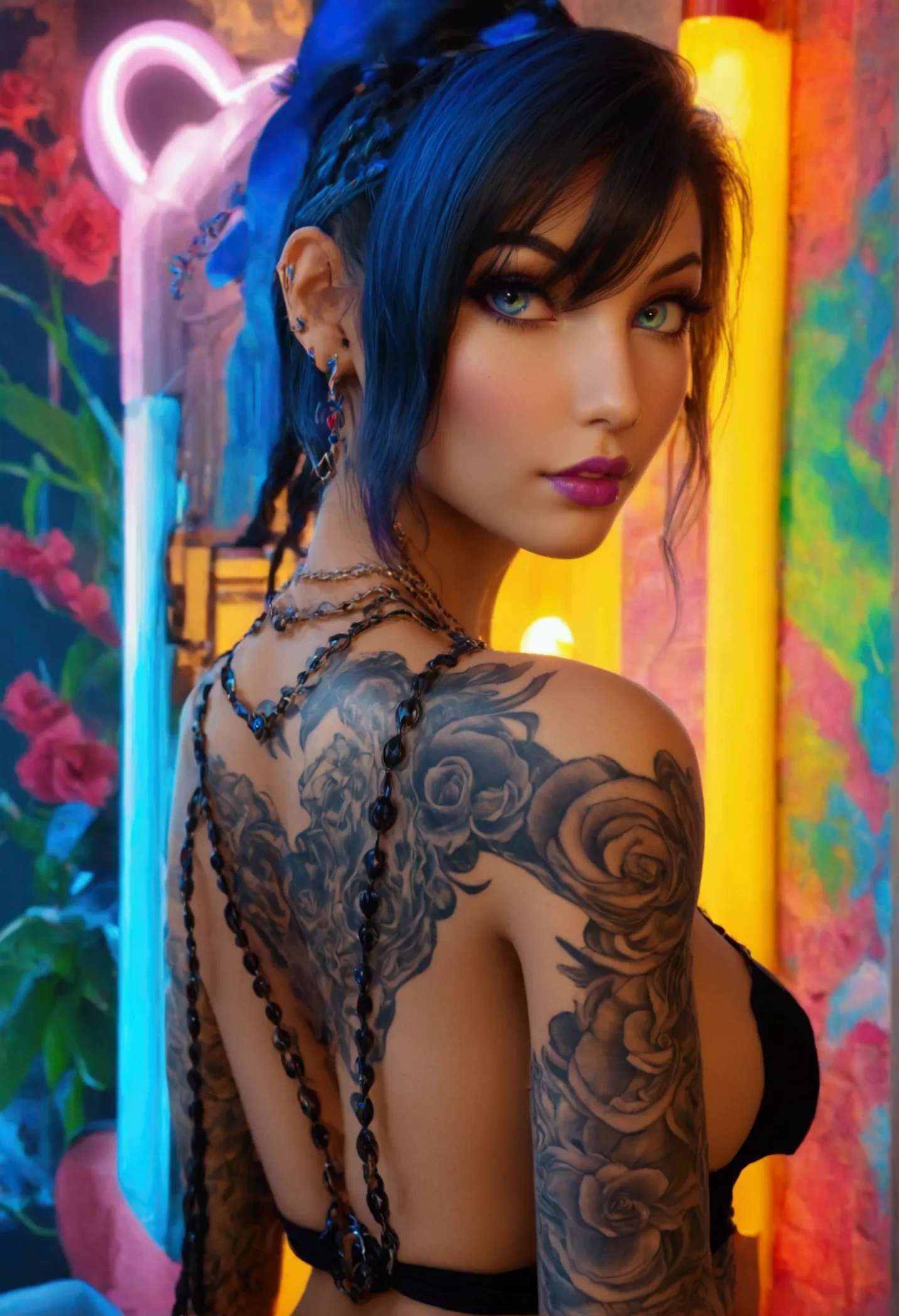 create a hyper detailed photograph of a perfectly simetrical tattooed curved young sexy lulu, stunningly perfect gorgeous femini...