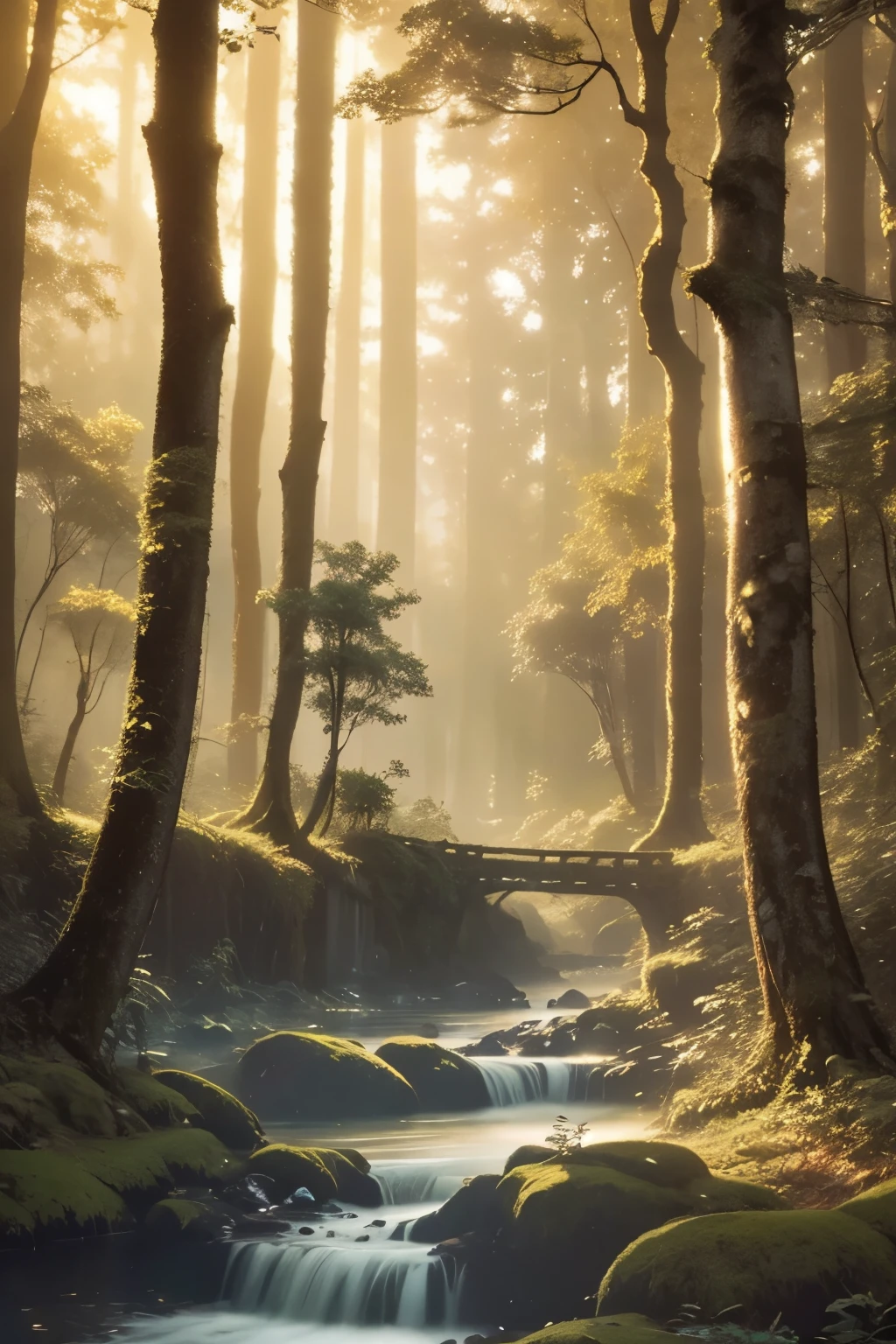 Create an awe-inspiring digital artwork that captures the serene beauty of an ancient forest at twilight. The scene should feature towering trees bathed in soft, golden light filtering through the foliage, casting gentle shadows on the lush undergrowth. The image should evoke a sense of tranquility and wonder, inviting viewers to immerse themselves in the enchanting realm of nature.