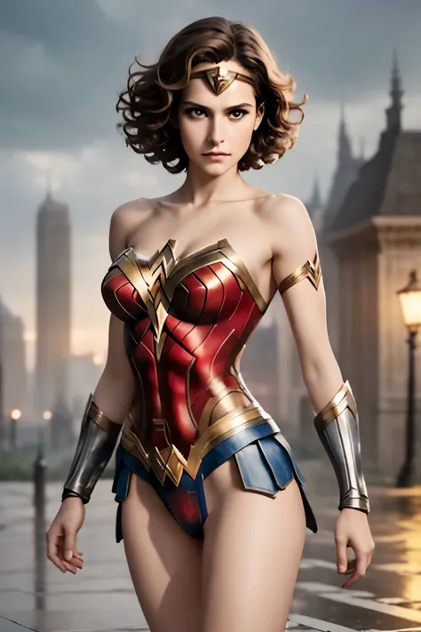 1 girl, wonder woman suit, short curly hair, blonde hair, beautiful face, rain, roof, masterpiece, exquisite details, perfect an...