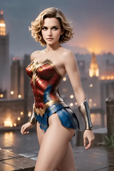 1 girl, wonder woman suit, short curly hair, blonde hair, beautiful face, rain, roof, masterpiece, exquisite details, perfect an...