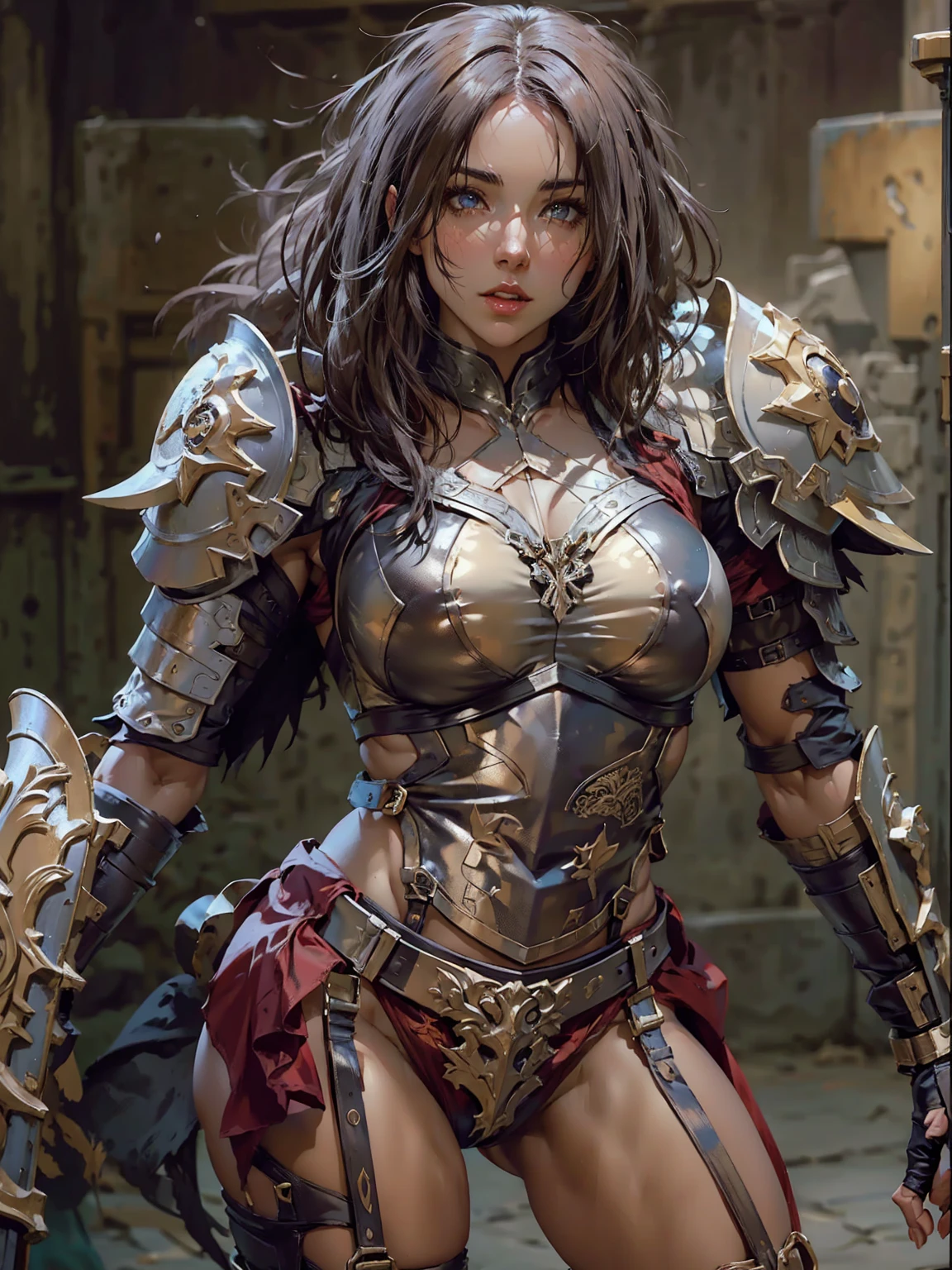 muscular female, warrior class, lingerie, pale white skin, cute facial, detailed facial features, intricate lingerie armor, dynamic pose, fantasy landscape, warm lighting, cinematic composition, epic scale, dramatic colors, digital art, concept art style