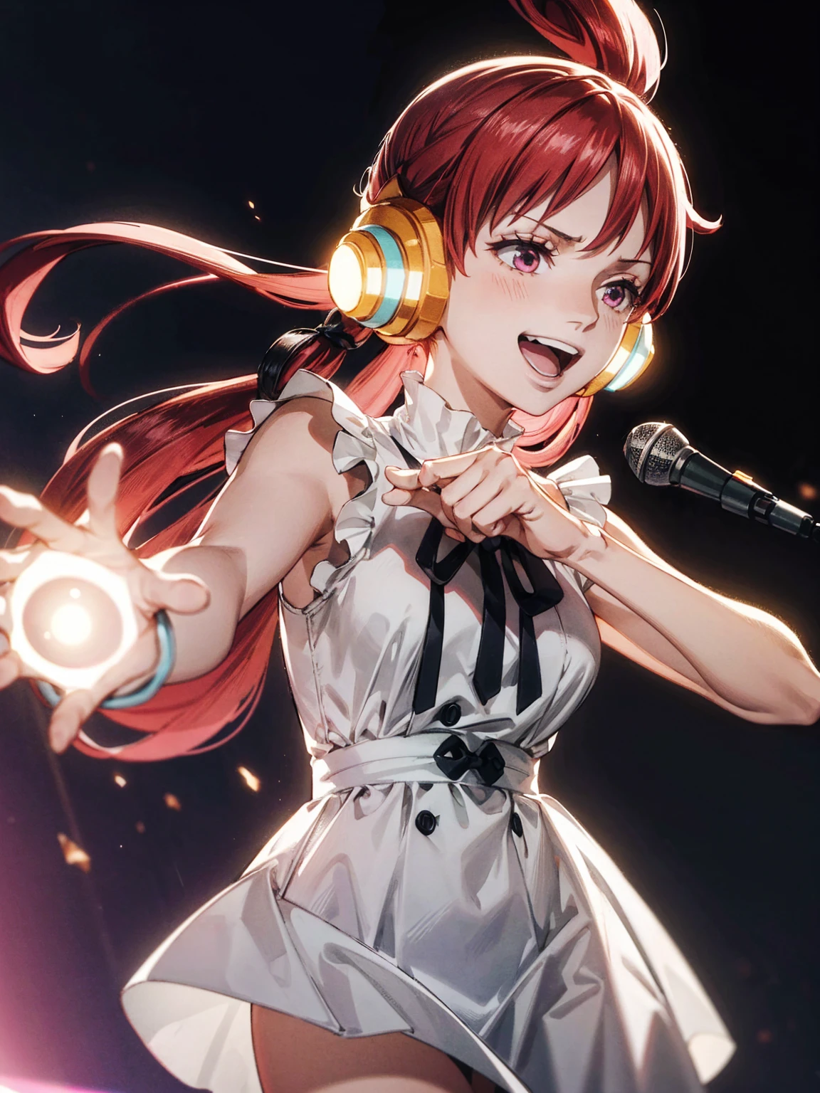 One girl,uta,uta onepiece,Long Hair, Split Color Hair, Redhead, multicoloRedhead, Long Hair, Two-tone hair, Hair Ring, Headphones, Gray Hair, bangs, very Long Hair, Medium chest, White Dress, Black Ribbon,holding a microphone with both hands,microphone,Idol Light,(Pink light),concert,masterpiece,Highly detailed CG Unity 8k wallpaper, Highest quality,32K,Sharpen the focus,((A powerful smile、Open your mouth))、Dynamic Pose、Cinematic Angle
