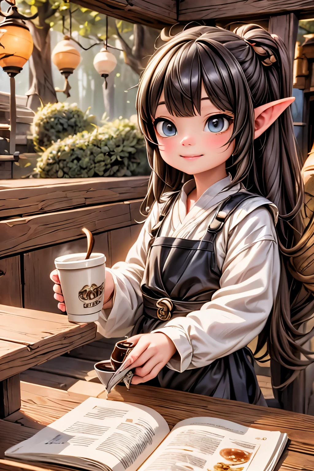 bets quality, masterpiece, highly detailed, goblin coffee shop, goblins drinking coffee, fantasy art style, coffee shop at the woods, woods at night, glowing lanterns 