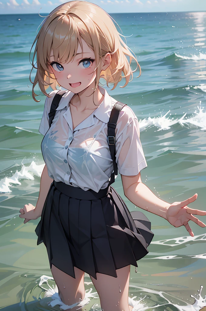 (8k, Ultra-high resolution, super high quality, masterpiece), One girl, cute, Mouth is open, looks fun, Ocean, Sunset, Wavy, soaked, Black Bra, shirt, blouse, ribbon, ゴシックなLong skirt, navy blue, Long skirt, Lots of water all over the body, splash, Soaking wet, Submersion, Lots of water, Standing in water, Water up to my chest, Date, Childlike, The best smile, drenched, Water Play, Ocean, Reach out, 