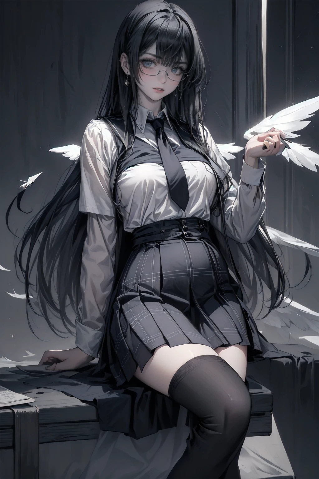 (The perfect solution, Absurd, Dynamic Lighting, High Resolution, masterpiece, Highest quality), Black background, ((moonlight)),, 1 girl, Silver Hair, Shiny Hair, very Long Hair, 鈍いbangs, Very red lips, Looking at the audience, Iconic eyes, (((Half-closed eyes))), (偽りのsmile), (Chest and ribs), eyes are bright red, pupils are narrow, Gothic Makeup,, Light beige skin, (fallen Angel)))), ((((Haniel)))) Light Skin Hair, Long Hair, きれいに整えられたbangs, ((Long Bottom)), ((Long eyelashes)), eye shadow, (((Grey Eyes))), Light skin and brown lips, (Laugh without emotion), Behaving provocatively, ((whiteい美しいゴシック衣装)), Lady,, (Beautiful background: 1.18), High Resolution, art, work, Highest quality, ,Shadowed face　、beautiful girl、とてもcute天使、Pink T-shirt、cute、Baby Face、smile、Long skirt、Black long boots、.(Highest quality,4K,High resolution,masterpiece:1.2),Very detailed,Realistic:1.37, beautiful girl、Very cute angel、(masterpiece:1.2, Highest quality), (Actual, photoActual:1.4), Looking at the audience, whole body, Front view:0.6, , Japanese, high School girl, (Long Hair:1.5), Dry your hair, (Half Up, Half Down, Half Up, Half Downdo), bangs, Hair between the eyes, Big Breasts:0.8, Beautiful Hair, Pretty face, Beautiful and delicate eyes, Beautiful clavicle, Beautiful body, Beautiful breasts, Beautiful thighs, Beautiful feet, (Beautiful views), , School, ((Collared short-sleeved shirt, white shirt, School uniform, Grey plaid pleated skirt, Blue checked bow tie)), white, Lying on a table on stage，The skirt hangs down around the thighs, Clothes buttons open, show内衣, Place your hands behind your back，Spread your legs，show， blush, ,smile、Long skirt、
