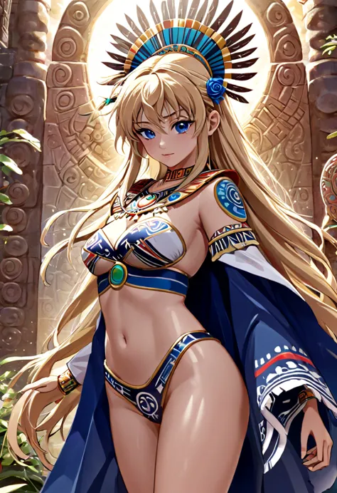 necessary, detailed and vivid depiction of ancient aztec civilization and mexico.), beautiful woman tsukino usagi with blue eyes...