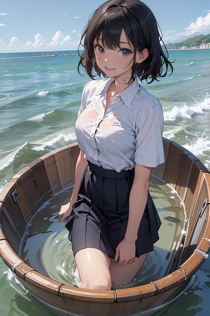 (8k, Ultra-high resolution, super high quality, masterpiece), One girl, cute, Mouth is open, looks fun, Ocean, Sunset, Wavy, soaked, Black Bra, shirt, blouse, ribbon, ゴシックなLong skirt, navy blue, Long skirt, Lots of water all over the body, splash, Soaking wet, Submersion, Lots of water, Standing in water, Water up to my chest, Date, Childlike, The best smile, drenched, Water Play, Ocean, Rowboat, 