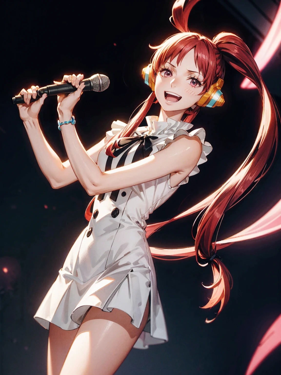 One girl,uta,uta onepiece,Long Hair, Split Color Hair, Redhead, multicoloRedhead, Long Hair, Two-tone hair, Hair Ring, Headphones, Gray Hair, bangs, very Long Hair, Medium chest, White Dress, Black Ribbon,holding a microphone with both hands,microphone,Idol Light,(Pink light),concert,masterpiece,Highly detailed CG Unity 8k wallpaper, Highest quality,32K,Sharpen the focus,((A powerful smile、Open your mouth))、Dynamic Pose、Cinematic Angle
