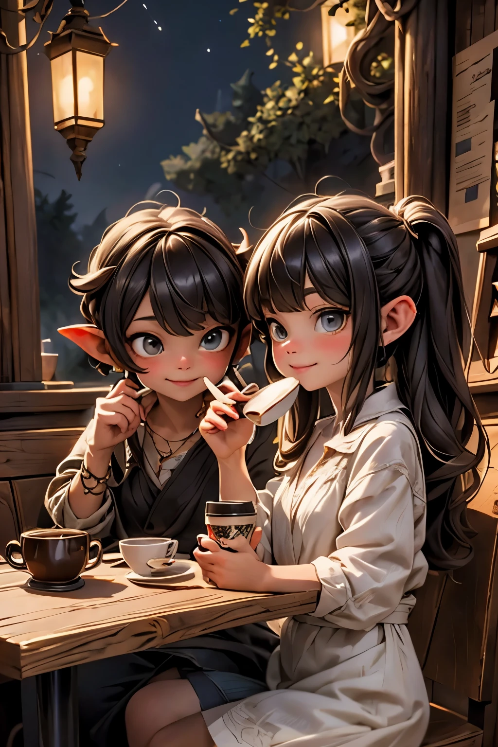 BEST QUALITY, MASTERPIECE, TWO GOBLINS DRINKING COFFEE AT A COFFE SHOP, NIGHT coffee shop, in the woods