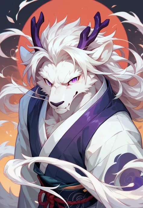 , solo, male eastern dragon, japanese outfit, white fur, long white hair, purple eyes, by null-ghost