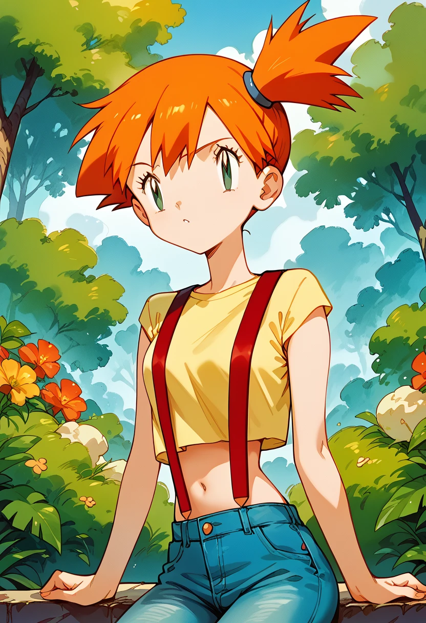 masterpiece,High resolution,Highest quality,8k
(Misty_Pokemon)
(short hair,Orange Hair,one side up hair,Big green eyes,Small breasts,Skinny)
(Yellow sleeveless T-shirt,Belly button exposed,Denim hot pants,Red suspenders)