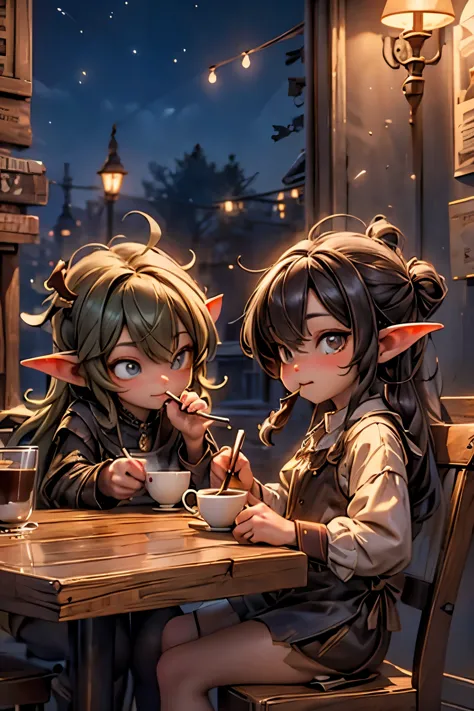 best quality, masterpiece, two goblins drinking coffee at a coffe shop, night coffee shop,