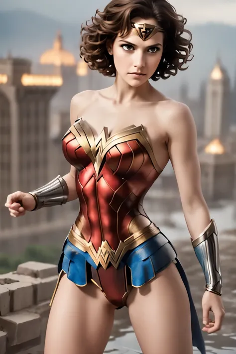 1 girl, wonder woman suit, short curly hair, blonde hair, beautiful face, rain, roof, masterpiece, exquisite details, perfect an...