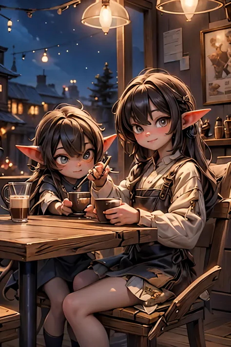 best quality, masterpiece, two goblins drinking coffee at a coffe shop, night coffee shop,