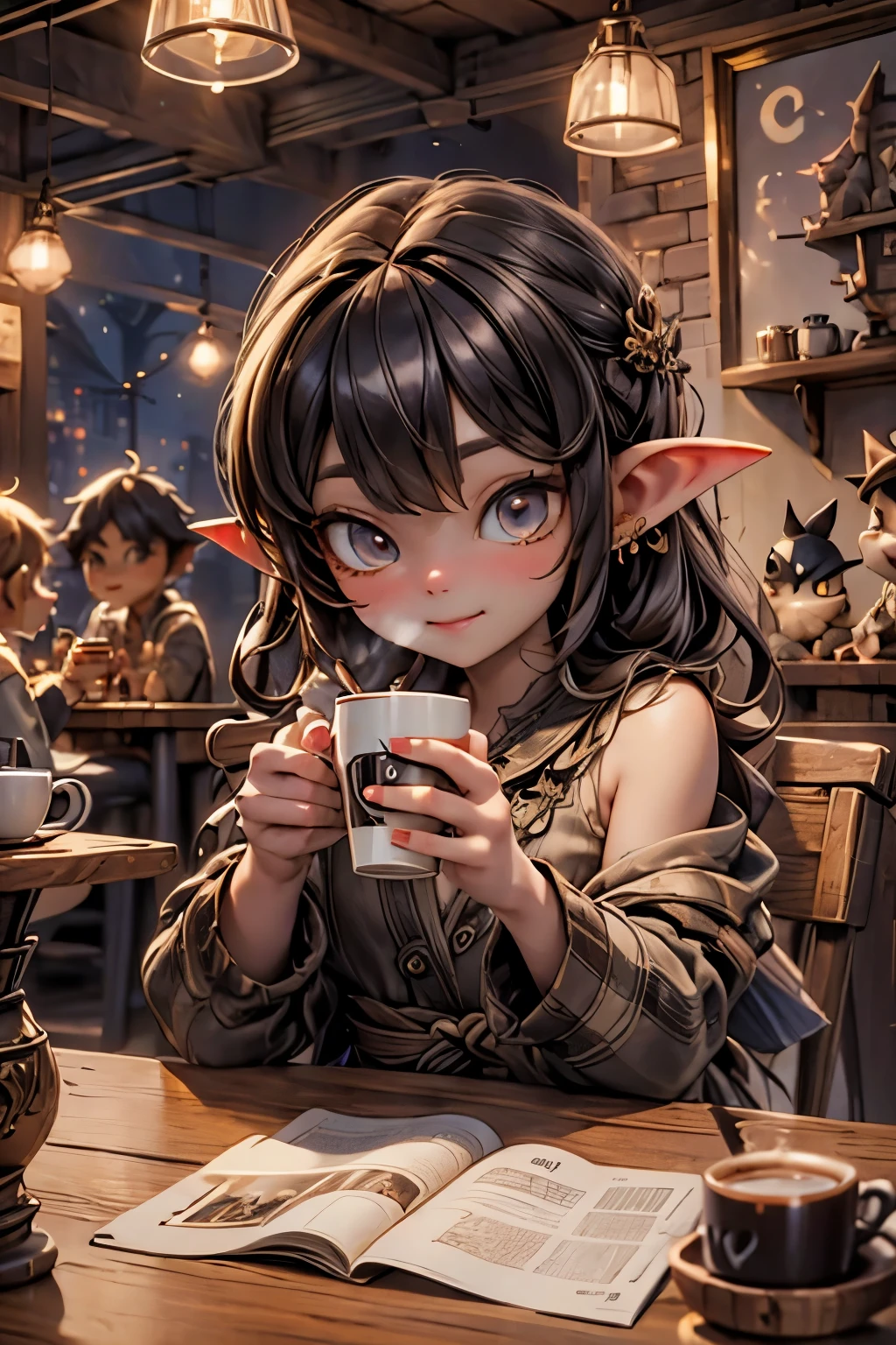 BEST QUALITY, MASTERPIECE, GOBLINS DRINKING COFFEE AT A COFFE SHOP, NIGHT coffee shop, 