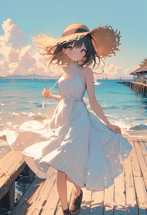 high resolution, masterpiece, highest quality, pastel art:1.3, pier, one girl, white dress, one boy, straw hat