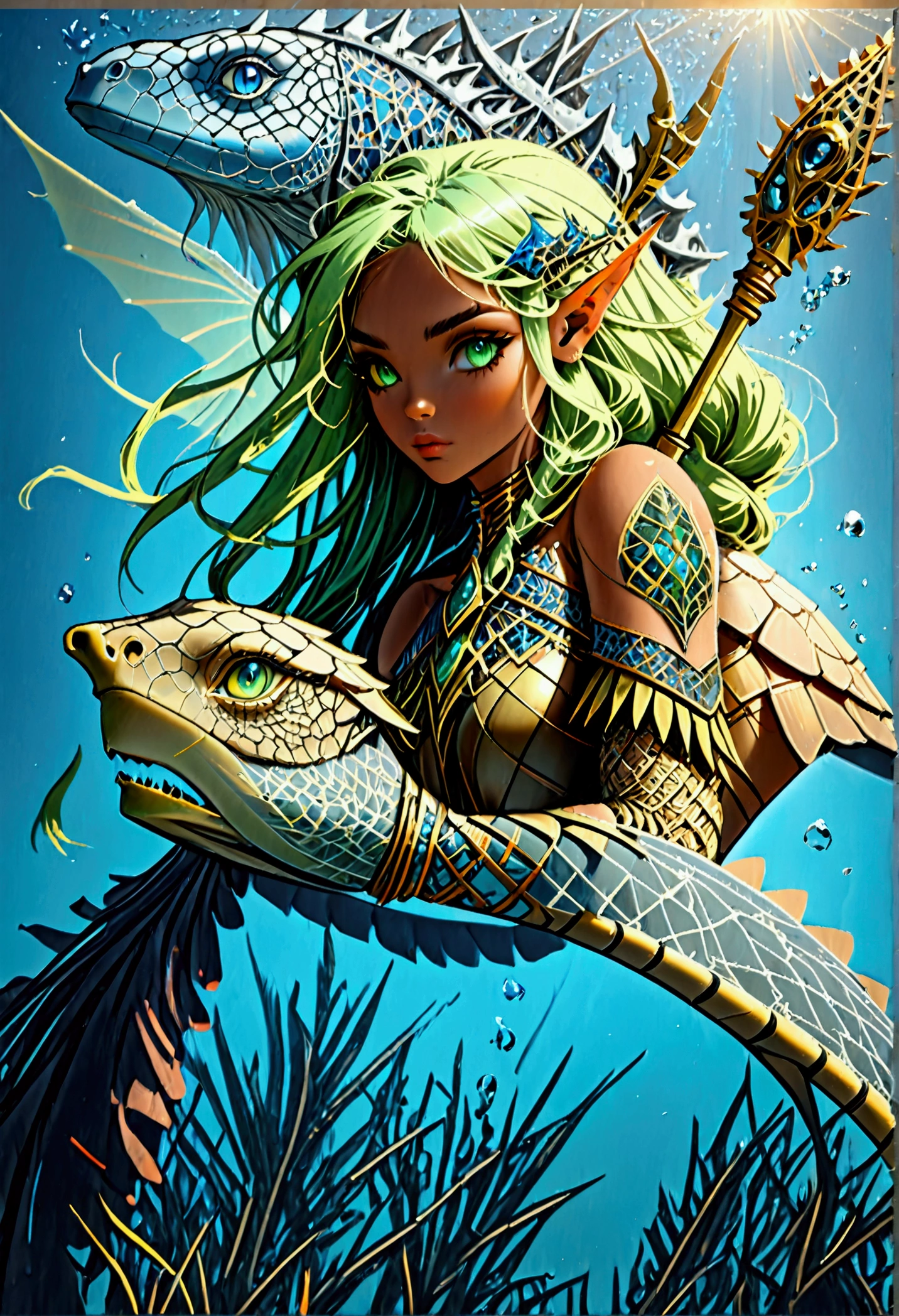 fantasy art, RPG art, a picture of a sea elf ranger riding her sea turtle mount under the sea, an exquisite beautiful female elf ultra feminine, knight, (best details, fantasy art, Masterpiece, best quality: 1.4) with a long curvy hair, light green hair, blue eyes, (fantasy art, Masterpiece, best quality: 1.5), ((beautiful delicate face)), Ultra Detailed Face (intricate details, fantasy art, Masterpiece, best quality: 1.4) (anatomically correct: 1.5), wearing light armor, armed with a trident, she rides an epic sized turtle (intricate details, fantasy art, Masterpiece, best quality: 1.4) underwater background, fantasy sea, underwater light, ((natural sea life elements)) sun rays, dynamic atmosphere, soft light, dynamic light, high details, best quality, 16k, [ultra detailed], masterpiece, best quality, (extremely detailed), ultra wide angle), elf