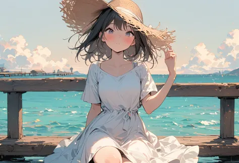 High resolution, masterpiece, Highest quality, Pastel Art:1.3, Pier, A girl in a white dress and a boy in a white T-shirt, Straw hat