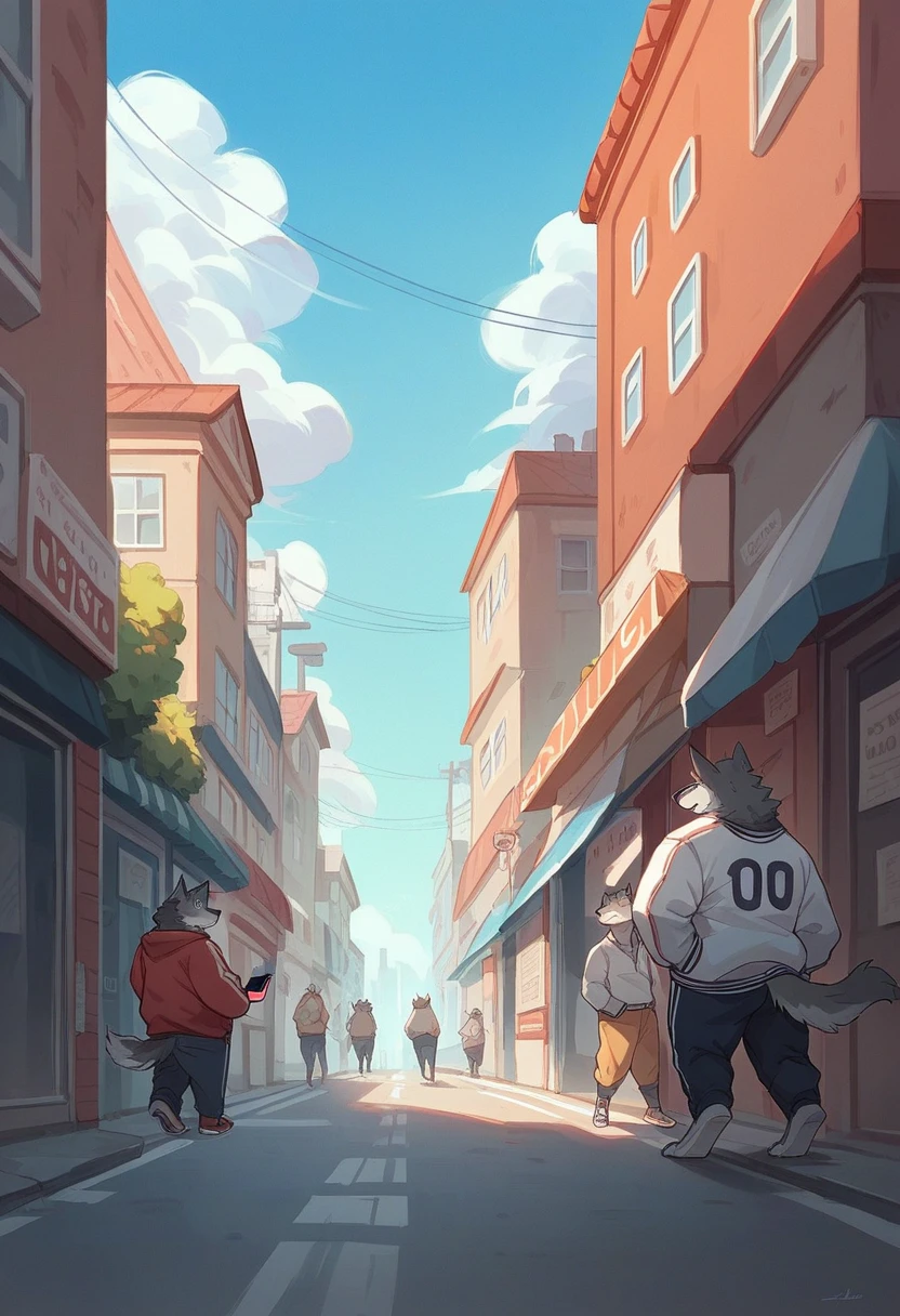 (Perfect work）Chubby body, Dark gray fur, Delicate pupils，Standing on the street, Snack Street Background,head tilted to one side,Beautiful blue sky and white clouds，People coming and going , Wearing a jersey jacket, Wolf furry character, using phone